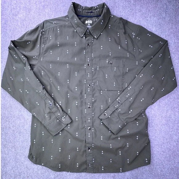 REI Co-op Mens XL Olive Green Diamond Western Print Long Sleeve Button Up Shirt - Picture 2 of 9